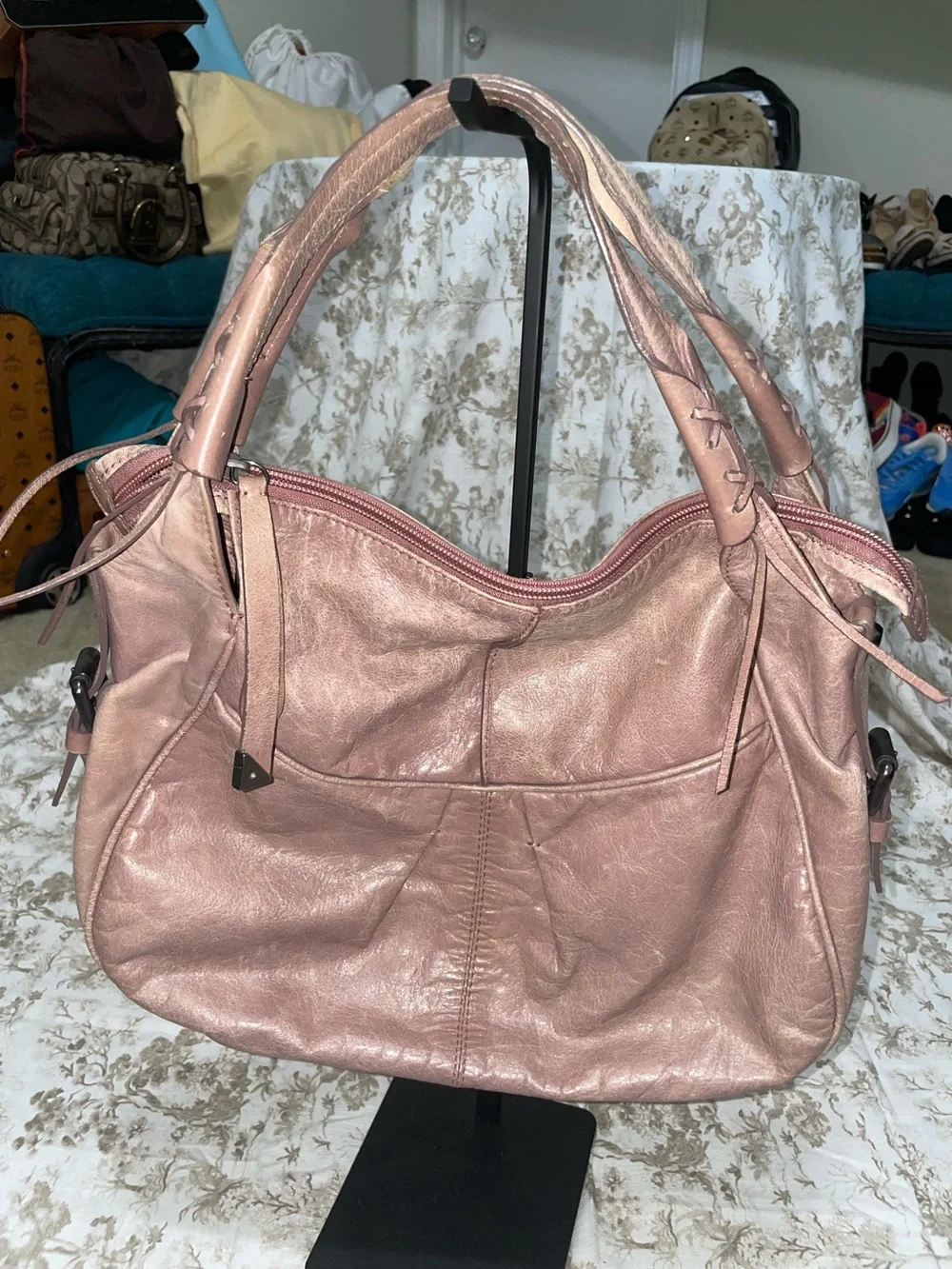 Francesco Biasia Metallic Rose Pink Leather Hobo Bag